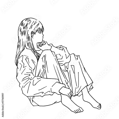 座ってイヤフォンをしながら車窓を見る女性（mono、png）