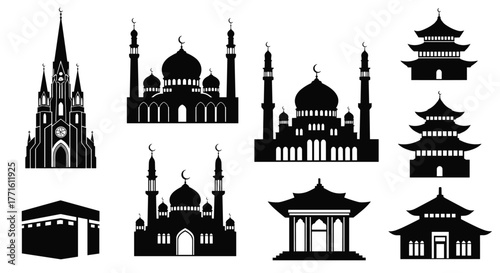 Silhouettes of various religious and cultural buildings including churches, mosques, the Kaaba, and Asian pagodas, representing global faith.