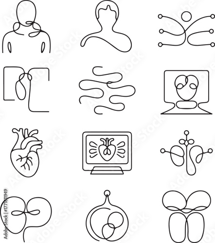 A set of continuous line art icons: human heart, person, and abstract medical symbols