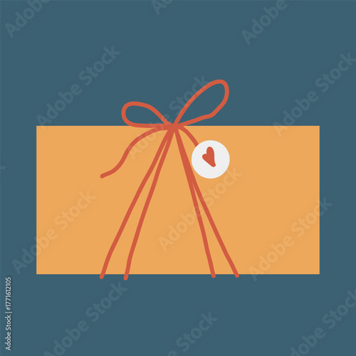 Vector illustration of a yellow rectangular gift box with a red bow and a heart-shaped label. Holiday box clip art, flat simple gift box icon isolated on a dark blue background