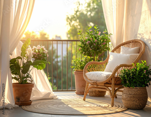 Chic sunlit balcony retreat cozy urban space lifestyle photography green oasis elevated perspective relaxing serenity