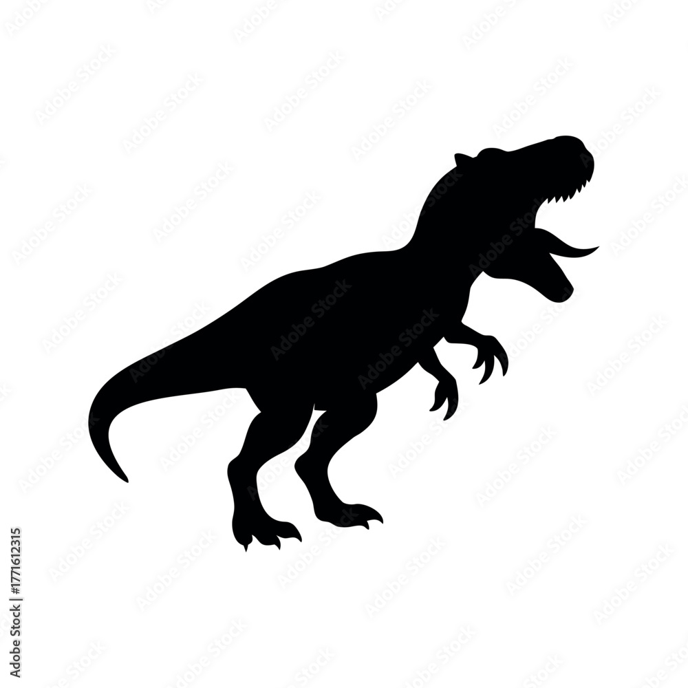 Fototapeta premium A fearsome T-Rex dinosaur silhouette roaring, prehistoric setting (implied), minimalist white background.
