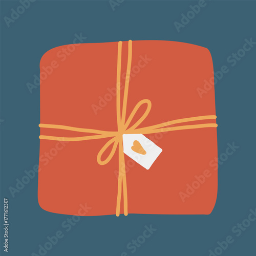 Vector illustration of a red square gift box with a yellow bow and a heart-shaped label. Holiday box clip art, flat simple gift box icon isolated on a dark blue background