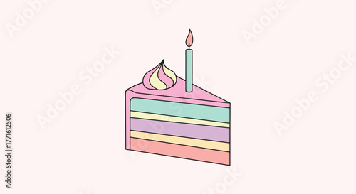 A colorful slice of layered birthday cake with pink frosting, a swirled meringue, and a lit candle, set against a soft background.