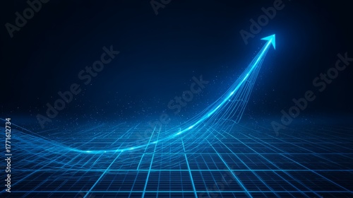 Blue technology background with upward arrow symbolizing growth and progress. Digital grid floor with curved lines, science and innovation concept.
