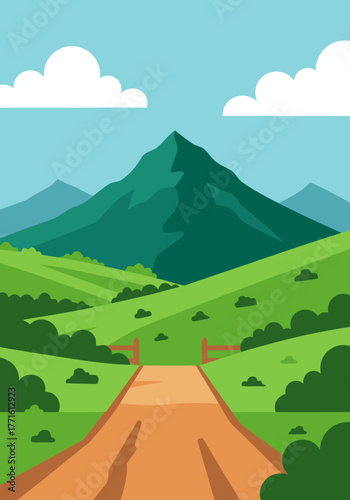 Scenic Mountain Landscape Illustration with Road and Hills, Ideal for Nature and Travel Themes