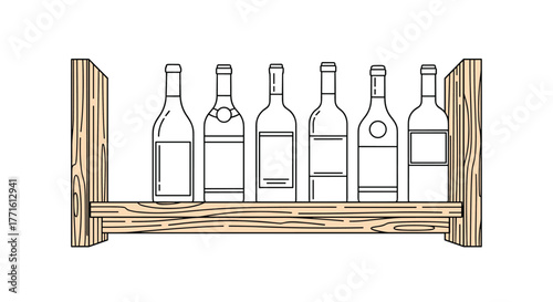 Minimalist illustration of various wine bottles neatly arranged on a rustic wooden shelf, showcasing a collection of alcoholic beverages.