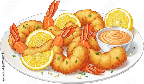 Fried shrimp platter with lemon and dipping sauce, food illustration isolated.