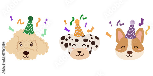 Set of cute cartoon dog faces: Poodle, Dalmatian, and Corgi. Happy pets in party hats with confetti, celebrating a birthday. Adorable vector collection for festive design and greeting cards.