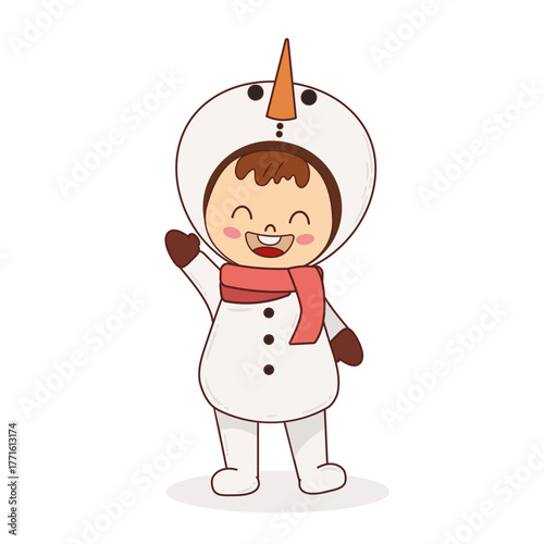 A happy child dressed as a snowman waves his hand. A cute cartoon illustration for Christmas and winter designs, isolated on a white background. Perfect for postcards, books, and clothing.