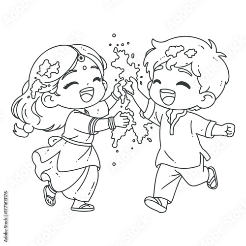 Indian Holi Festiva Traditional Boy and Girl cartoon chibi