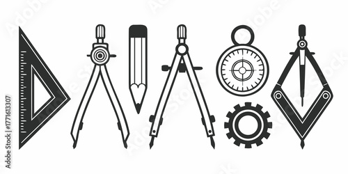 Illustration of drafting tools including a triangle compass pencil protractor gear and another compass tool on transparent background