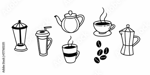 Line art illustration showcasing various coffee and tea related items in a simple black and white style on transparent background