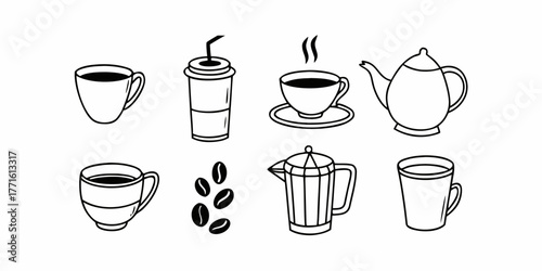 Illustration of various coffee and tea related items including cups, beans, and pots in black outline on transparent background