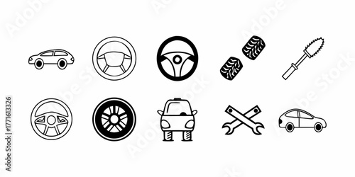 Illustration of various car parts and tools including tires steering wheels and wrenches in black outline on transparent background