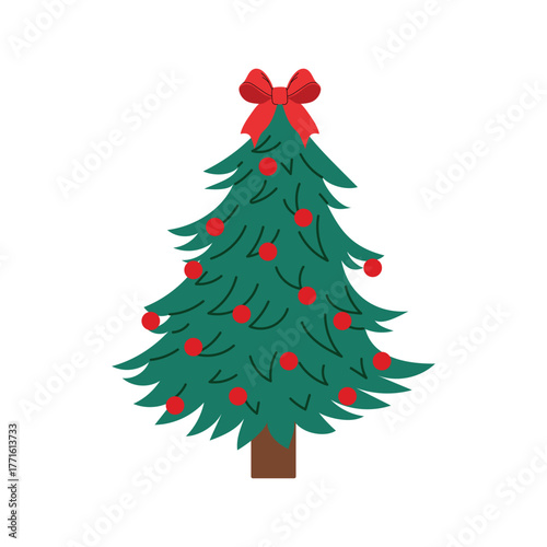 Christmas tree with red bow. Simple festive pine tree decorated with red ornaments and ribbon. Flat vector illustration isolated on white background.
