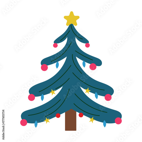Christmas tree with gold star and lights. Festive decorated pine with red and blue ornaments. Flat vector illustration isolated on white background.