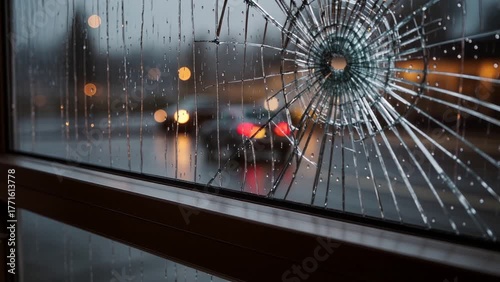 A broken glass window, with cracks radiating outwards, showcasing the aftermath of damage and the blurry view outside, capturing a sense of both vulnerability and resilience.