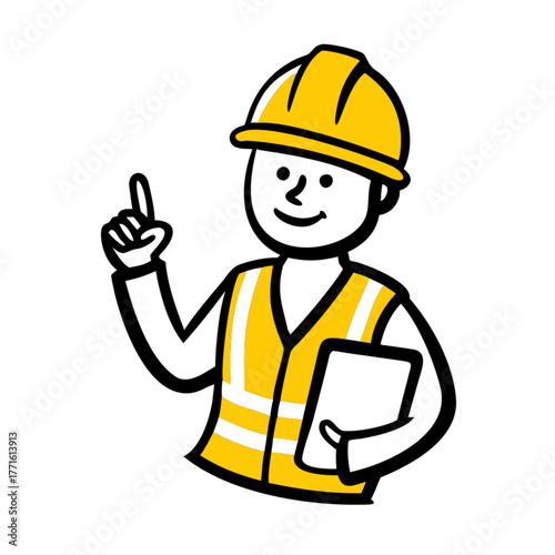 Cute Doodle Construction Worker Holding Clipboard and Pointing Vector Illustration