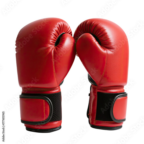 A pair of red boxing gloves isolated on a transparent background in PNG format. Sports and fitness equipment.