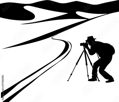 Silhouette of Person Using Camera on Tripod – Landscape Photography Scene in Black and White