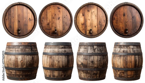 Eight wooden barrels arranged in two rows against a white background, showing both the tops and sides