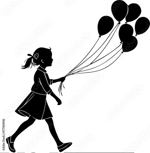 Silhouette of Girl Walking with Balloons – Playful Childhood Scene in Black and White