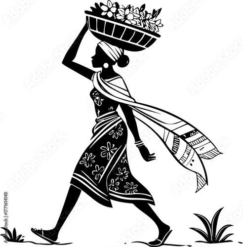 Silhouette of Woman Carrying Basket on Head – Traditional Lifestyle Scene in Black and White