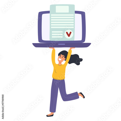 Woman holding a laptop with online certificate. Approval concept with a young girl carrying a computer. Vector illustration