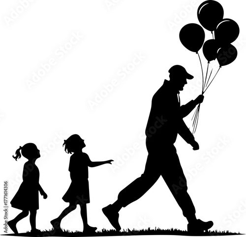 Silhouette of Man and Child Walking with Balloons – Joyful Family Scene in Black and White