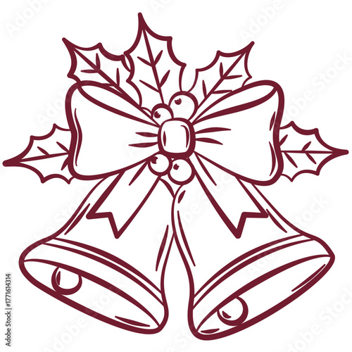 Red balls with elegant bow and holly hand drawn illustration, whimsical vector balls. Decoration for holiday cards, banners, posters, web. Vector illustration