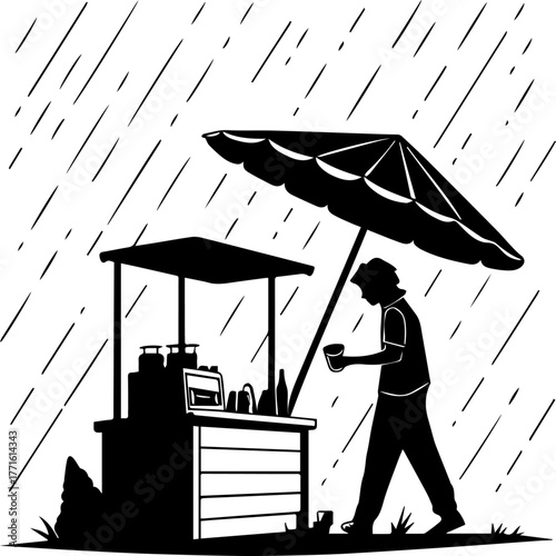 Silhouette of Street Vendor Selling Food in Rain – Urban Market Scene in Black and White