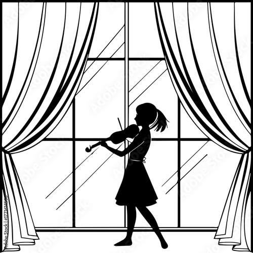 Silhouette of Person Playing Violin by Window – Musical Indoor Scene in Black and White