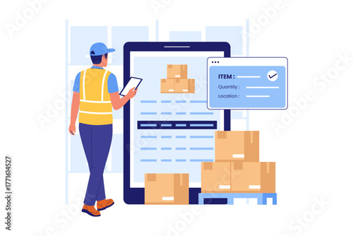 Illustration of Digital Inventory Tracking on Tablet. Warehouse Worker Checking Real-Time Stock Data and Shipments Status for Smart Logistics Management System
