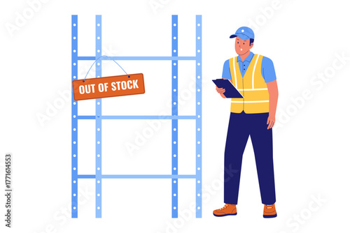 Illustration of Out of Stock Inventory Problem. Worried Warehouse Worker Standing in Front of Empty Shelves Signalling Stockout and Supply Shortage Issue