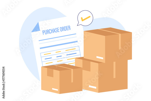 Illustration of Approved Purchase Order (PO) Documentation. Procurement Process for Inventory Replenishment and Incoming Goods Shipment for Warehouse Stock