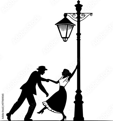 Silhouette of Couple Dancing Under Streetlamp – Romantic Vintage Scene in Black and White