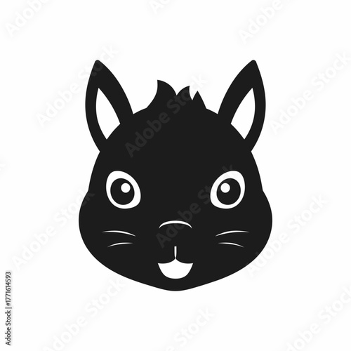 Simple black and white illustration of a squirrel's head, facing forward, with a happy expression.