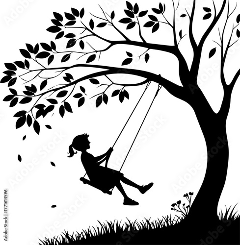 Silhouette of Person Pushing Swing Under Tree – Playful Outdoor Scene in Black and White