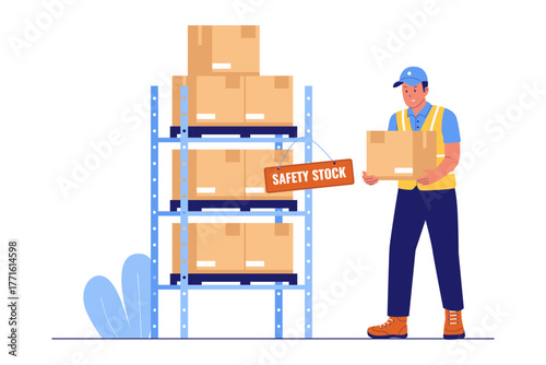 Illustration of Safety Stock Level Maintenance Concept. Warehouse Worker Ensuring Reserve Inventory and Replenishment to Prevent Stockouts in the Storage Racking