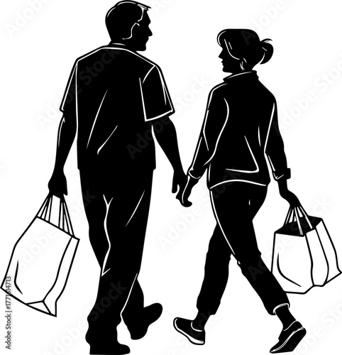 Silhouette of Couple Walking with Shopping Bags – Casual Lifestyle Scene in Black and White
