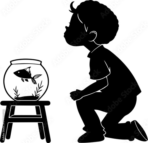 Silhouette of Child Observing Fish in Bowl – Curious Nature Scene in Black and White
