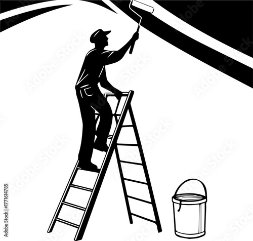 Silhouette of Person Painting Wall on Ladder – Home Improvement Scene in Black and White