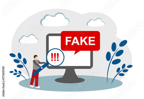 A man with a magnifying glass, a computer, fake information. The concept of fake information, propaganda and false news