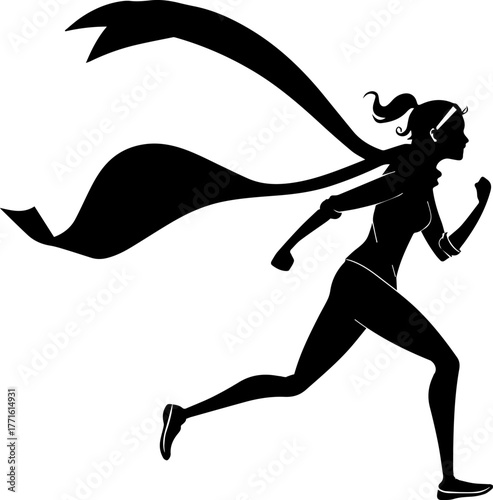 Silhouette of Woman Running with Flowing Cape – Empowerment and Motion Scene in Black and White