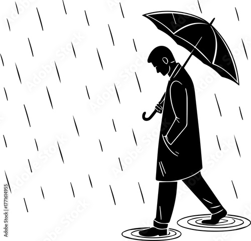 Silhouette of Person Walking in Rain with Umbrella – Moody Weather Scene in Black and White