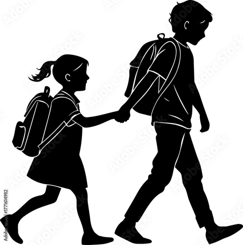 Silhouette of Two Children Walking with Backpacks – Companionship and Journey Scene in Black and White