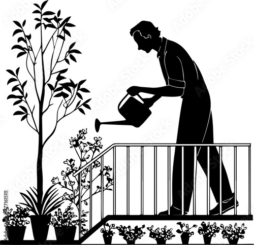 Silhouette of Adult Watering Plants with Child – Gardening and Nurturing Scene in Black and White