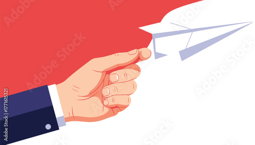 Hand throwing a paper airplane on red and green background illustration