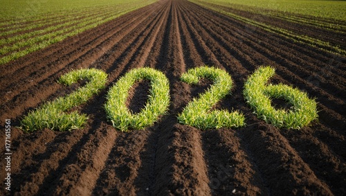 Early Spring Farmland Rows with Young Green Crops Outlining 2026 Across Freshly Plowed Soil Agriculture Landscape Background
